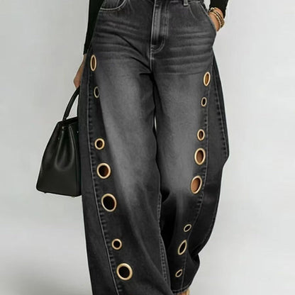 Damen Weite Jeans Dekorative Ösen Hoher Bund Blau Eveloria