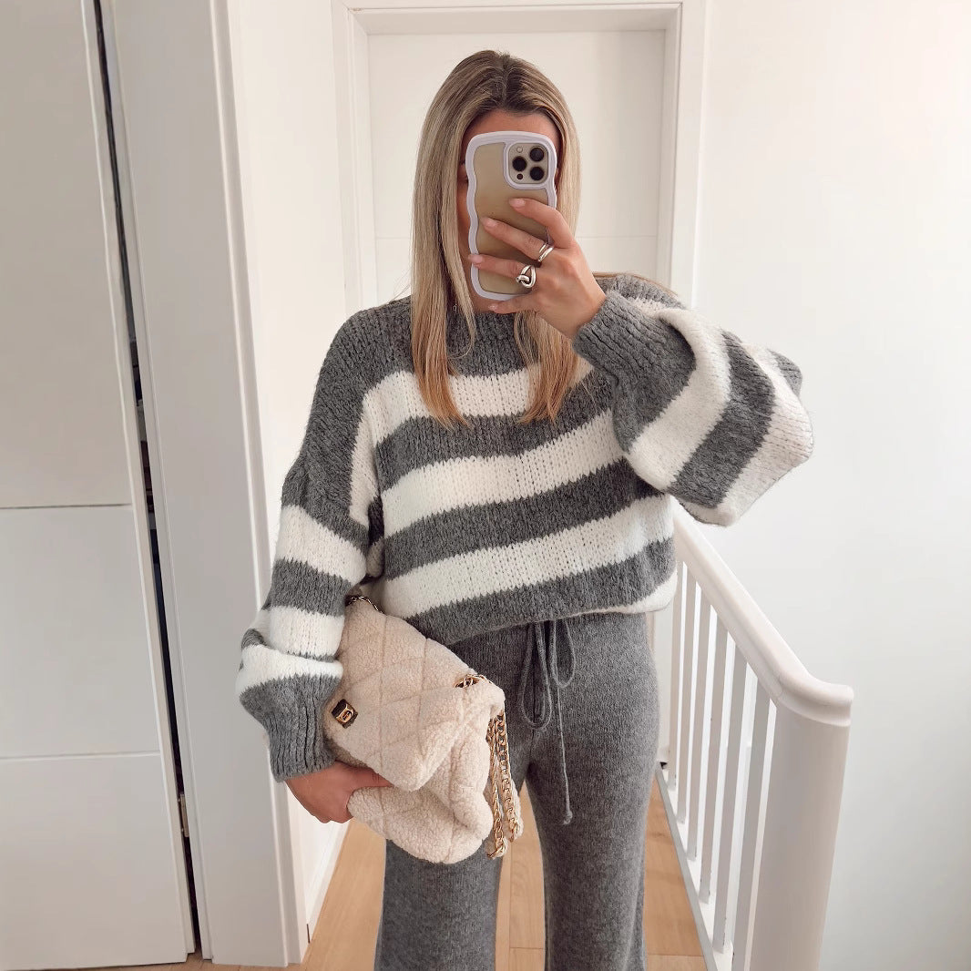 Damen Cropped-Pullover Breite Streifen Hoher Kragen Eveloria