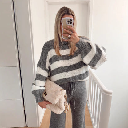 Damen Cropped-Pullover Breite Streifen Hoher Kragen Eveloria