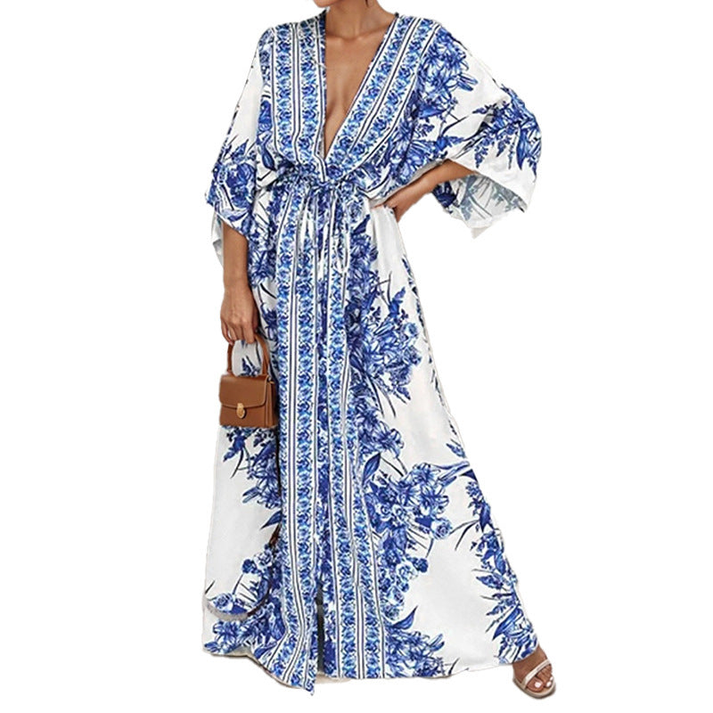 Damen Maxikleid Florales Design Weite Ärmel Eveloria