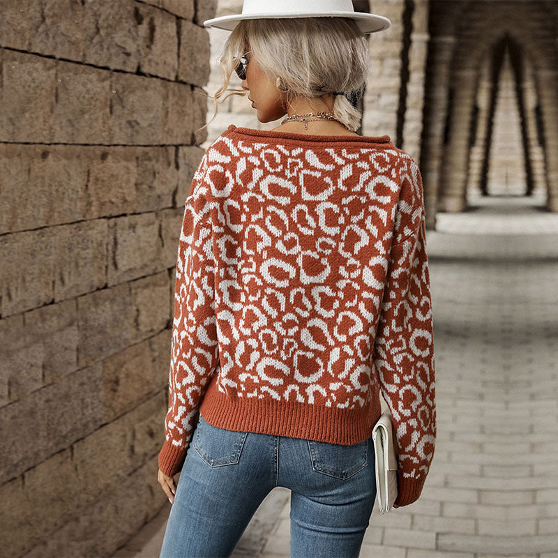 Damen Strickpullover Leopardenmuster Lässig Eveloria