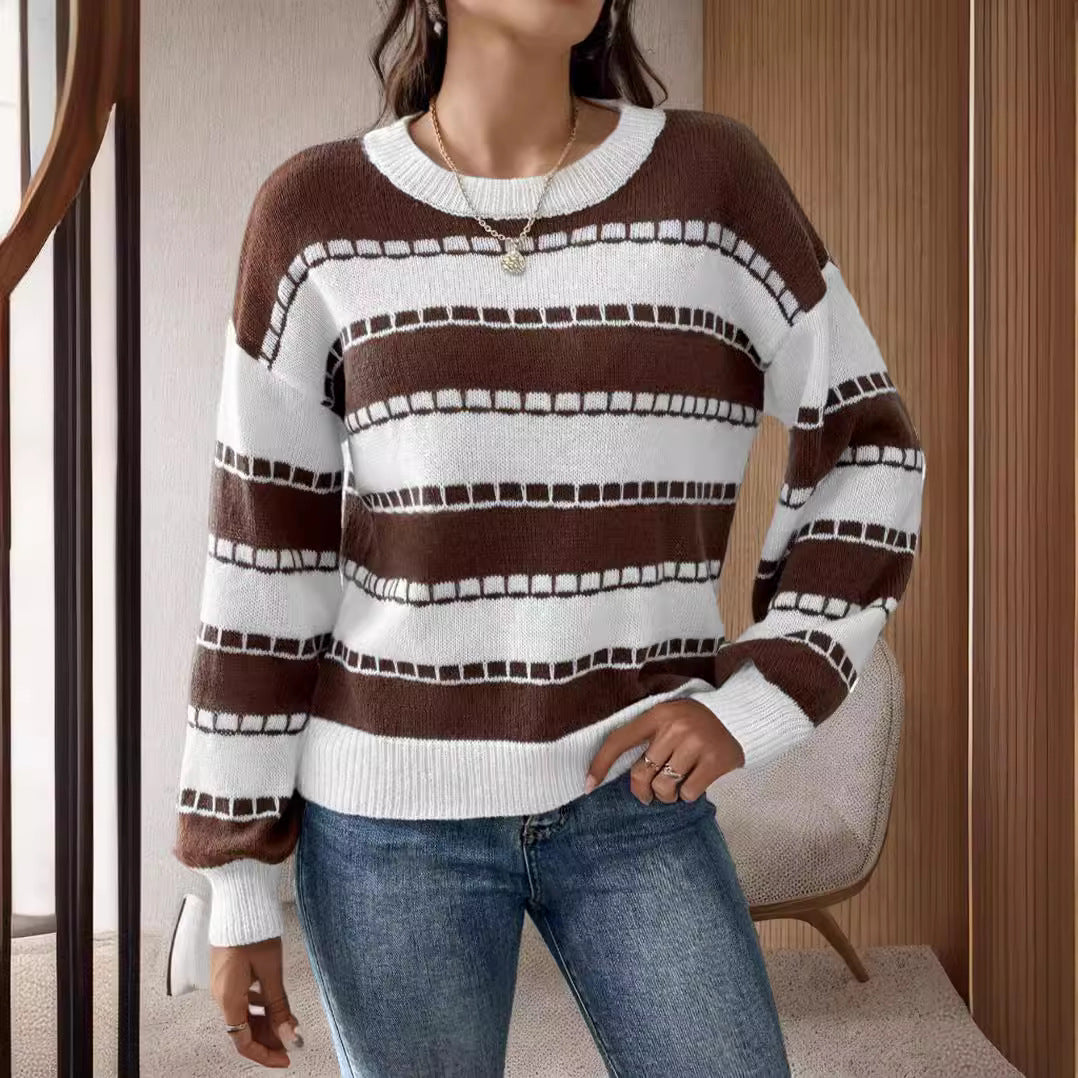 Damen Grobstrickpullover Breite Streifen Lässige Ärmel Eveloria