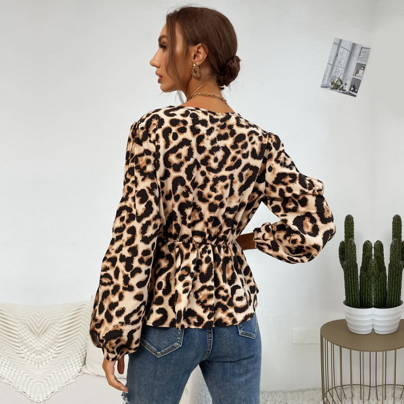 Damen Bluse Leopardenmuster Rüschendetails Eveloria