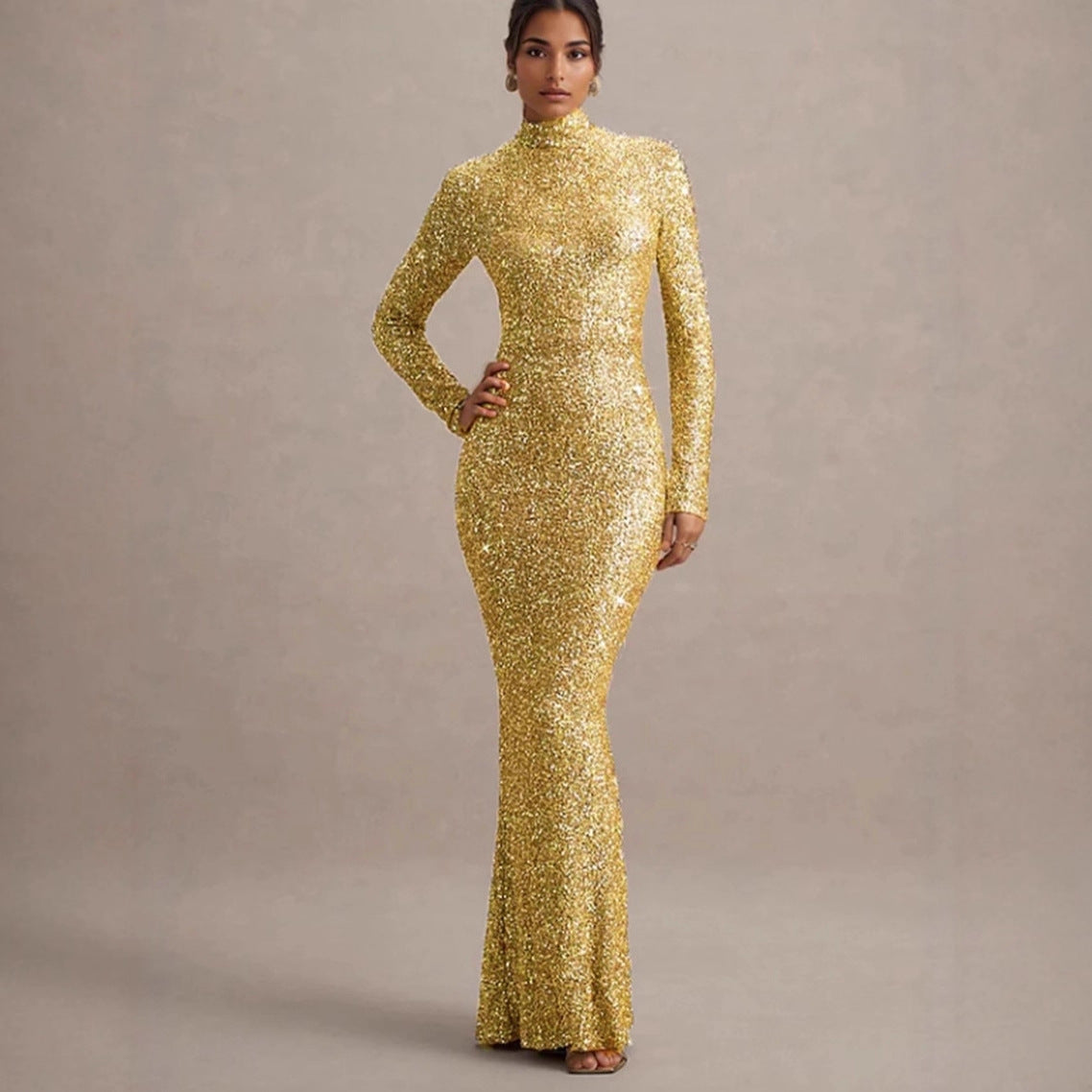 Damen Abendkleid Glitzernd Hochkragen Figurbetont Eveloria