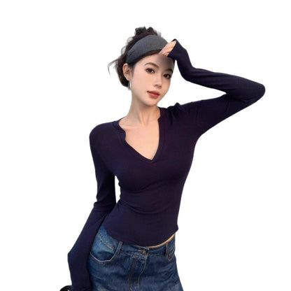 Damen Langarmshirt V-Ausschnitt Figurbetonter Stoff Eveloria