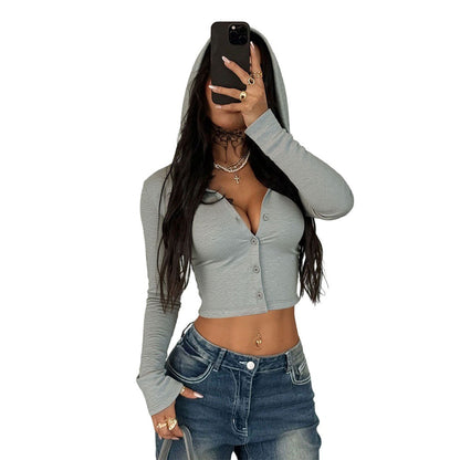 Damen Cropped Langarmshirt Kapuze mit Knöpfen