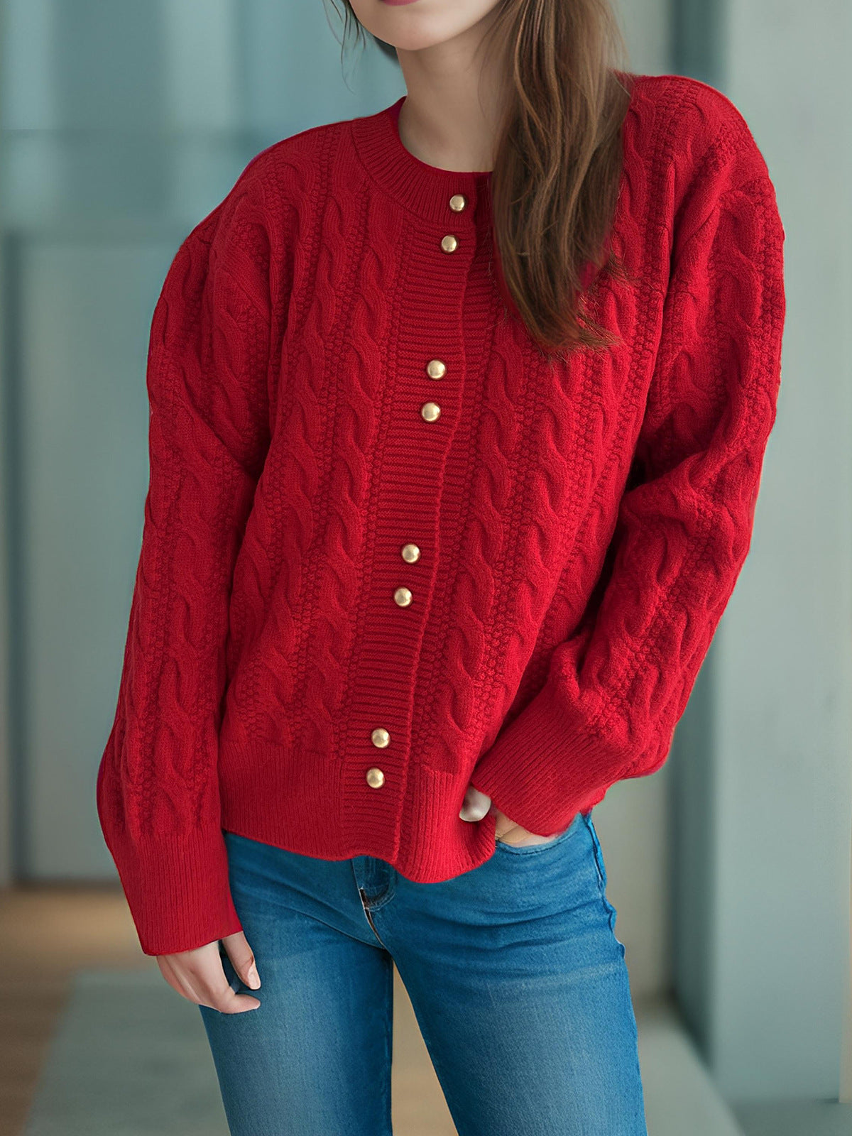 Damen Grobstrickjacke Kabelmuster Dekorative Knöpfe