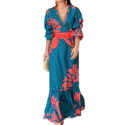 Damen Maxikleid Wickel-Oberteil Puffärmel Elegant