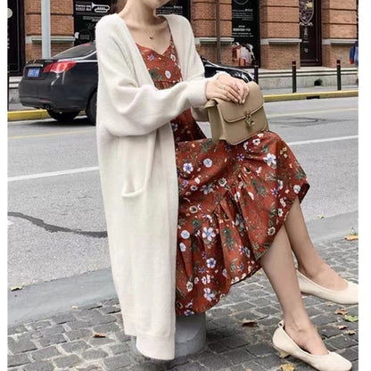 Damen Oversized Strickmantel Lässig Mit Taschen Beige - Eveloria