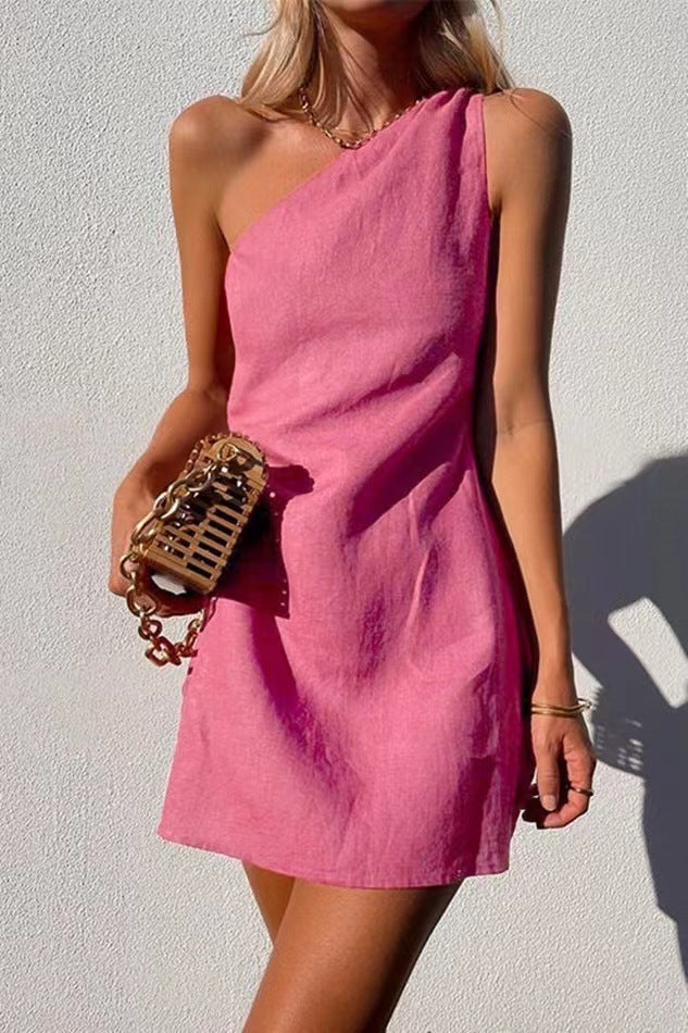 Damen Minikleid Asymmetrisch Einseitig Schmaler Träger