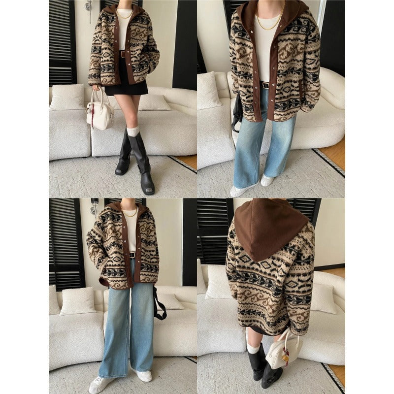 Damen Cardigan mit Kapuze und Muster