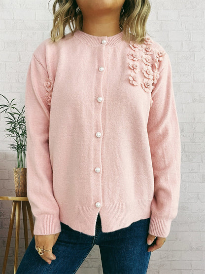Damen Strickjacke Florale Applikationen Knöpfe Beige
