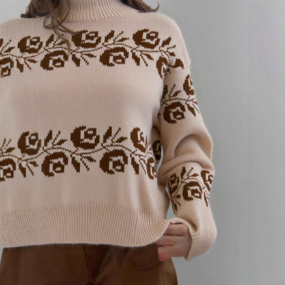 Damen Strickpullover Florales Muster Hochkragen