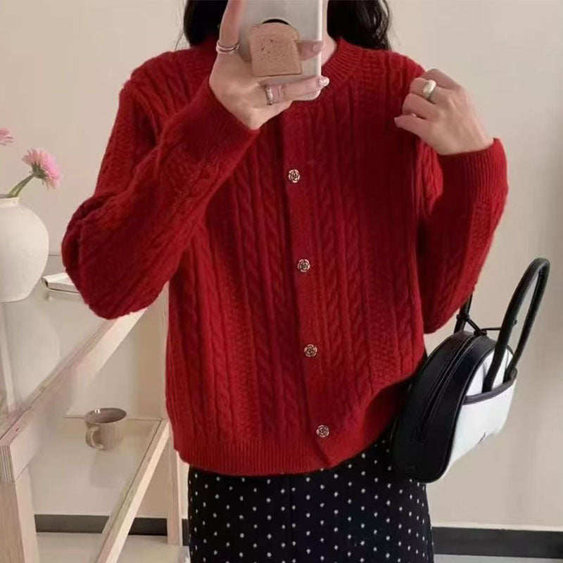 Damen Strickjacke Zopfmuster Dekorative Knöpfe Eveloria