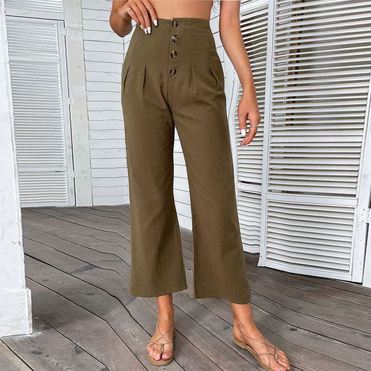 Damen Hochwaisted Hosen Knopfdetail Faltenwurf Schwarz Eveloria - Eveloria