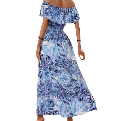 Damen Maxikleid Off-Shoulder Rundhals tiefes Seitenloch
