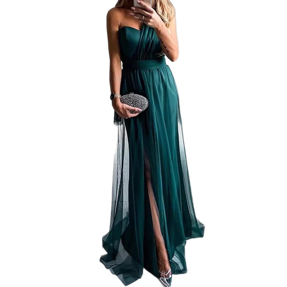 Damen Abendkleid Schulterfrei Hoch Beinschlitz Eveloria