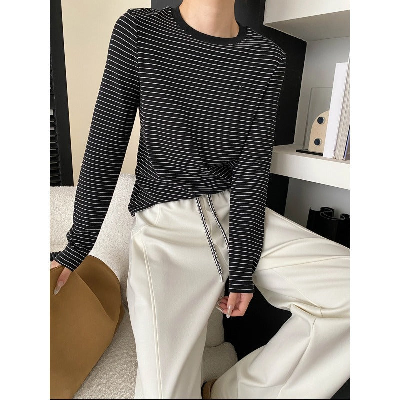 Damen Langarmshirt Klassisches Streifenmuster Rundhals Weiss - Eveloria