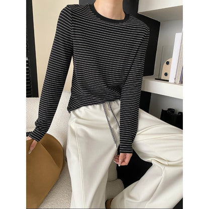 Damen Langarmshirt Klassisches Streifenmuster Rundhals Weiss - Eveloria