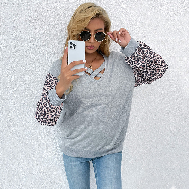 Damen Pullover Animal-Print Ärmel V-Ausschnitt