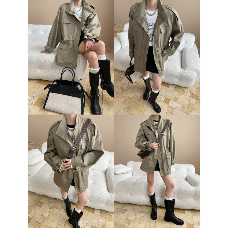 Damen Übergangsjacke Lässig mit Taschen und Verstellbarem Hüftzug