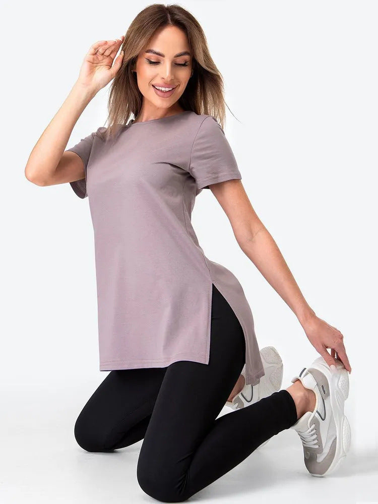 Damen Longline T-Shirt mit Schlitzen Hochwertiges Baumwoll-Material
