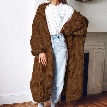 Damen Oversized Cardigan Grobstrick Komfort Taschen Beige