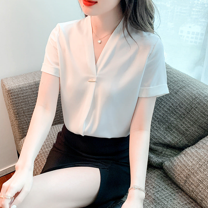 Damen Bluse V-Ausschnitt Knopfdetail Elegante Bluse Weiße Bluse