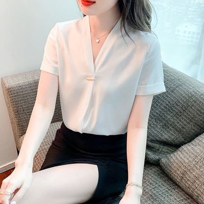 Damen Bluse V-Ausschnitt Knopfdetail Elegante Bluse Weiße Bluse