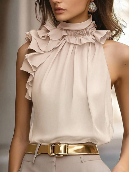 Damen Bluse Rüschendetails Hochgeschlossener Kragen Blau
