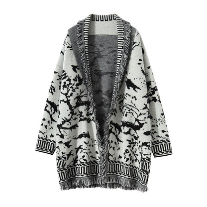 Damen Strickjacke Grafisches Muster Fransen