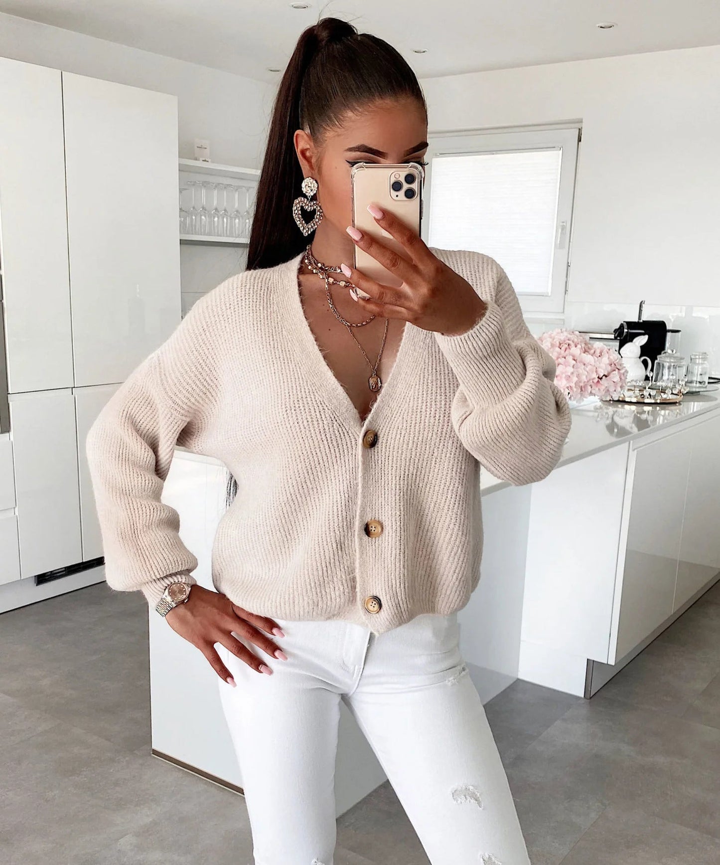 Damen Strickjacke Kuschelig Großknöpfe Lockere Ärmel Beige