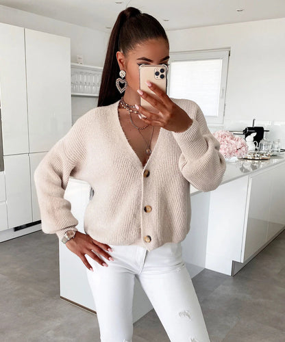 Damen Strickjacke Kuschelig Großknöpfe Lockere Ärmel Beige