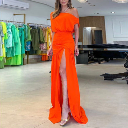 Damen Maxikleid Schulterfrei Fließendes Design Hocher Schlitz