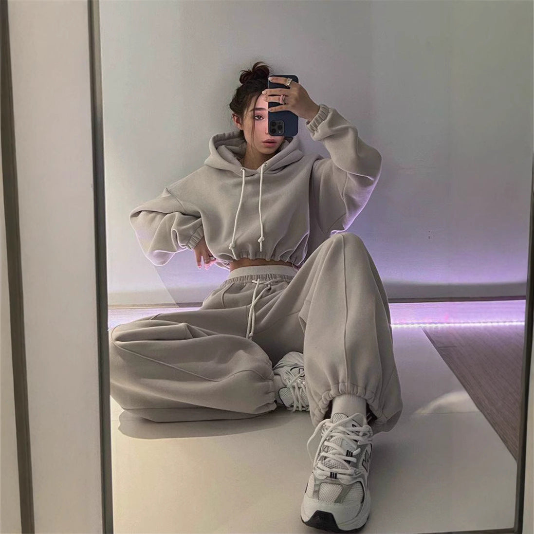 Damen Hoodie Jogginghose Set Baumwolle Bequem Grau