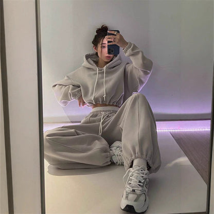 Damen Hoodie Jogginghose Set Baumwolle Bequem Grau