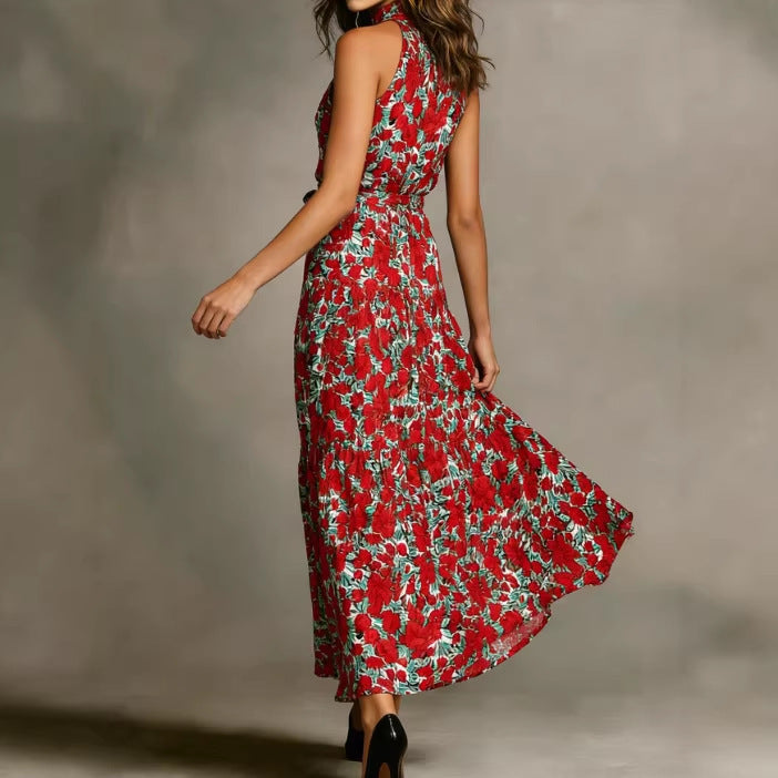 Damen Maxikleid Floralmuster Schmal Taillengürtel Eveloria