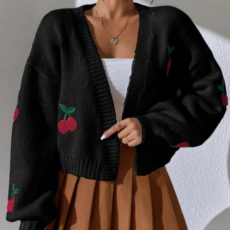 Damen Strickjacke Florales Kirschmuster