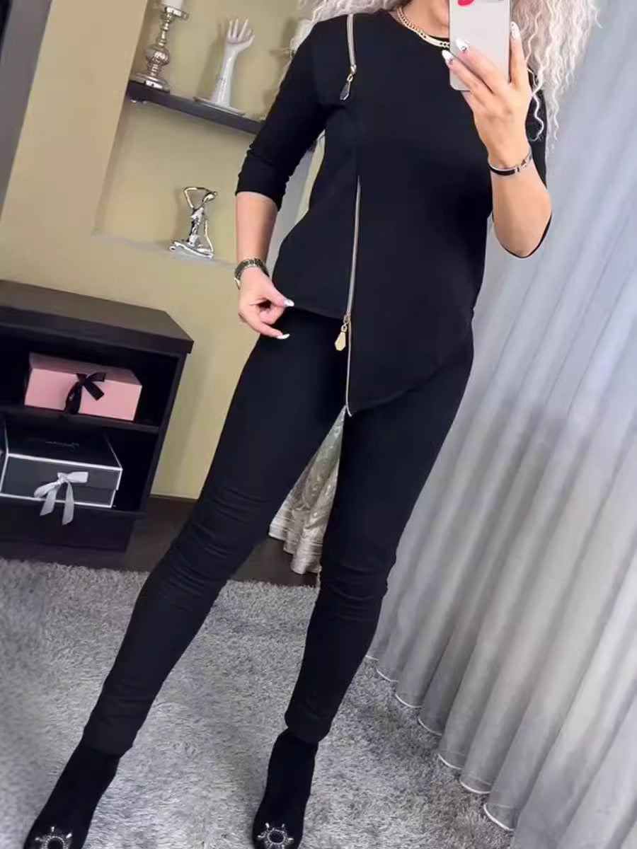 Damen Velours Loungewear Set Reißverschluss Anthrazit - Eveloria