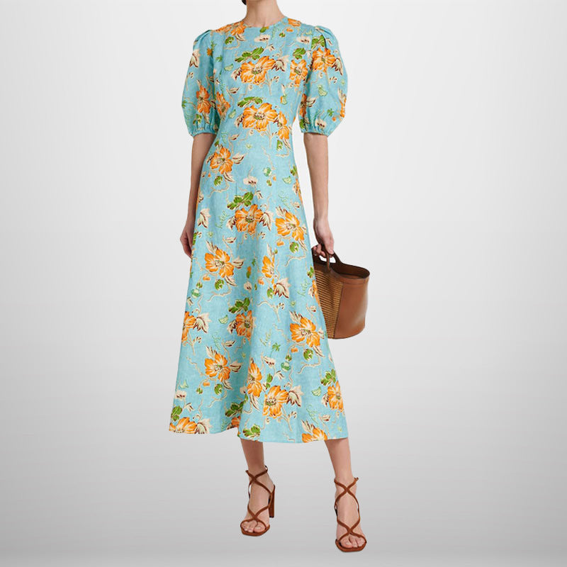 Damen Midikleid Voluminöse Puffärmel Florales Muster Eveloria - Eveloria