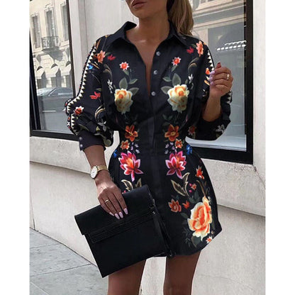 Damen Hemdblusenkleid Floralmuster Voluminöse Ärmel Eveloria