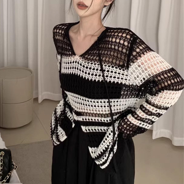 Damen Strickpullover Luftiger Netzdesign Langer Ärmel Eveloria