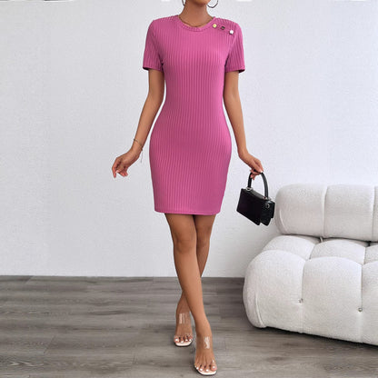 Damen Kleid Kurzarm Strukturiert Dekorative Knöpfe Eveloria