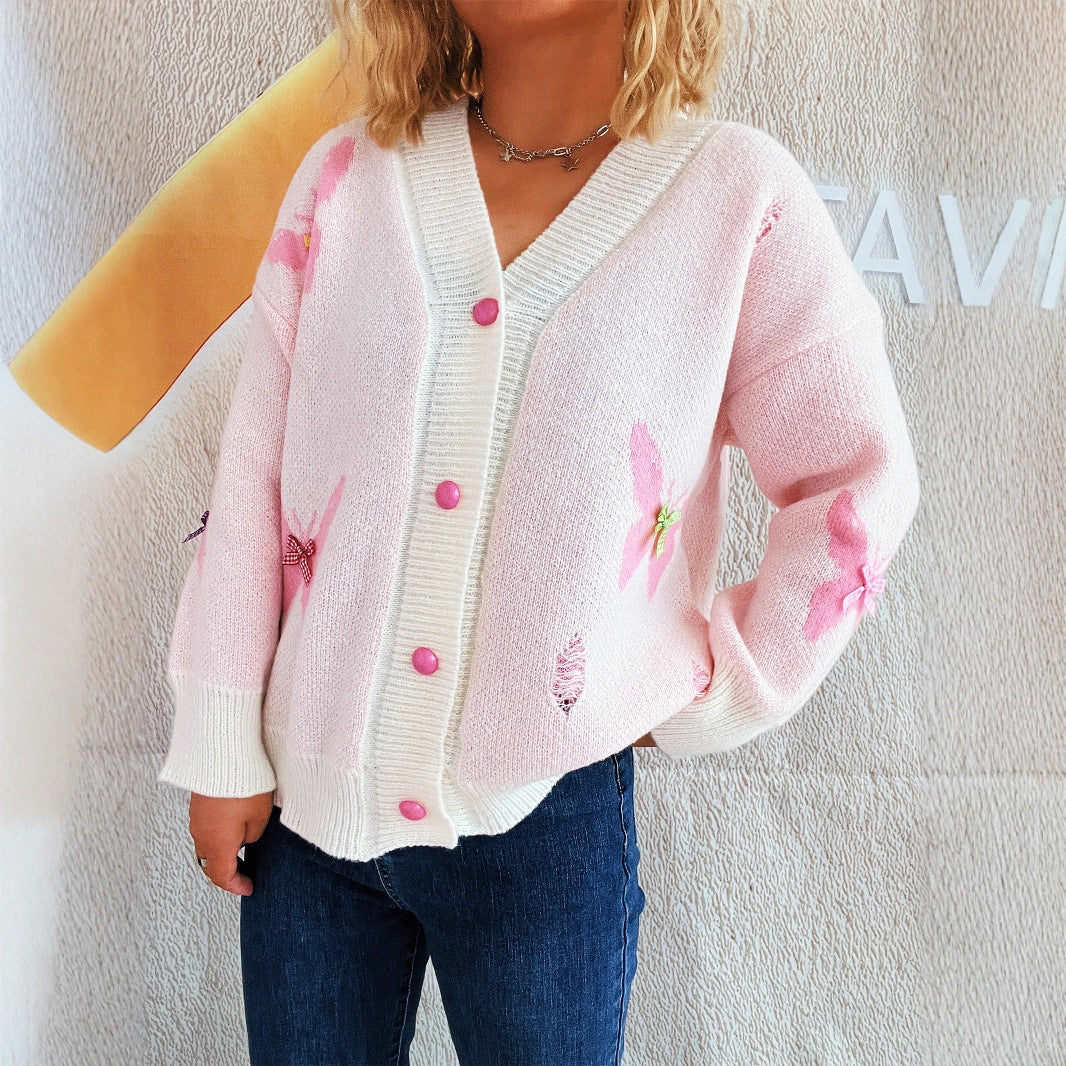 Damen Strickjacke Bunt Schmetterlingsmuster Knopfleiste