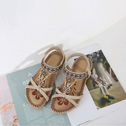 Damen Sandalen Boho Stil Elastikriemen Beige