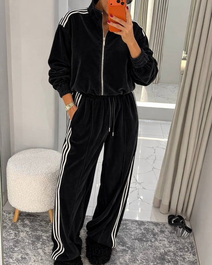 Damen Velours Jogginganzug Elastischer Bund Hochgeschlossener Kragen