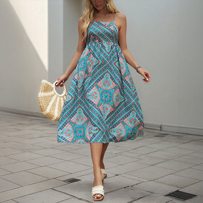 Damen Maxikleid Boho-Muster Spaghetti-Träger Eveloria