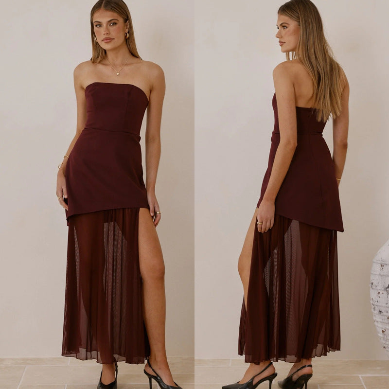 Damen Abendkleid Asymmetrischer Schnitt Schlitz Schwarz Eveloria - Eveloria