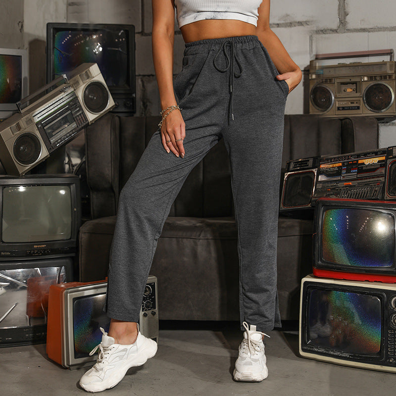 Damen Jogginghose Verstellbarer Bund Gerader Schnitt Schwarz Eveloria - Eveloria
