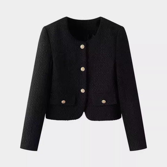 Damen Kurzjacke Tweed-Stil Goldknöpfe Schwarz Eveloria - Eveloria